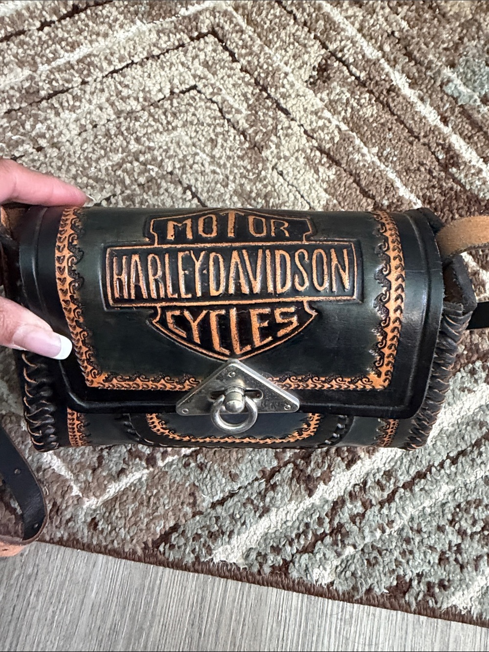 Harley-Davidson Black and Tan Embossed Leather Belt Bag